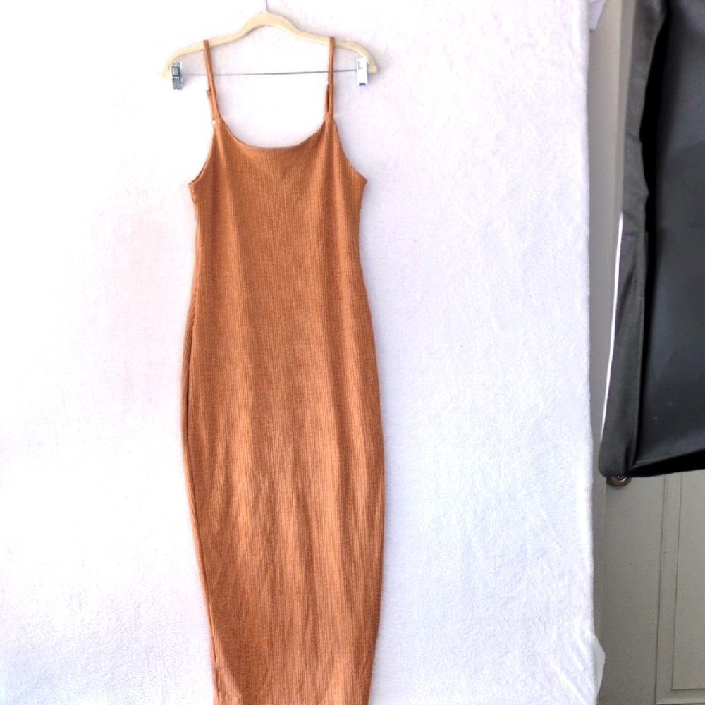 Tyche Womens Tan Ribbed Bodycon Sleeveless Cami Maxi Dress Size M